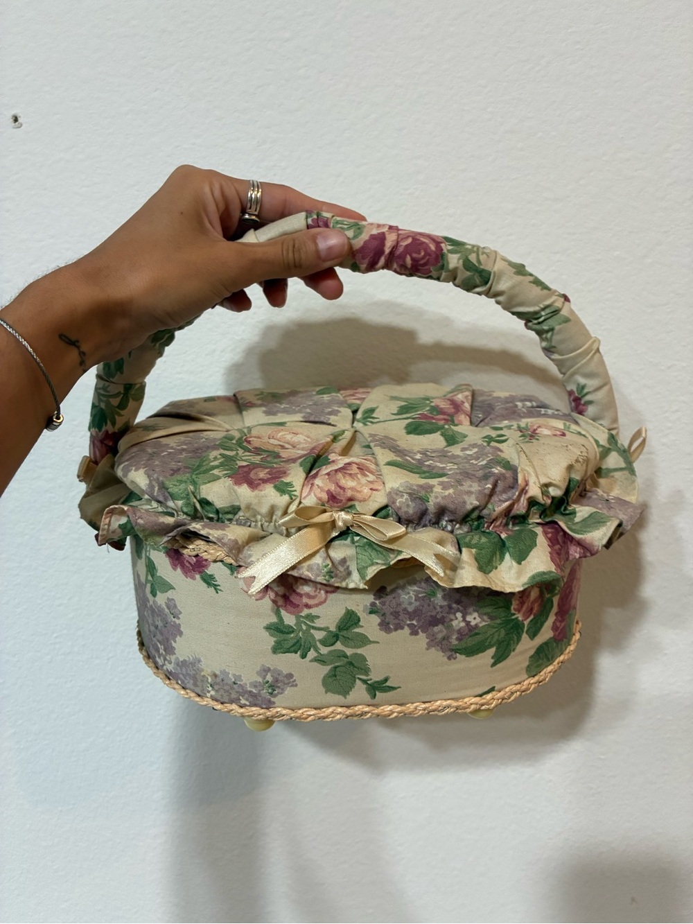 Floral Quilted Top Handle Bag - Cream and Rose
